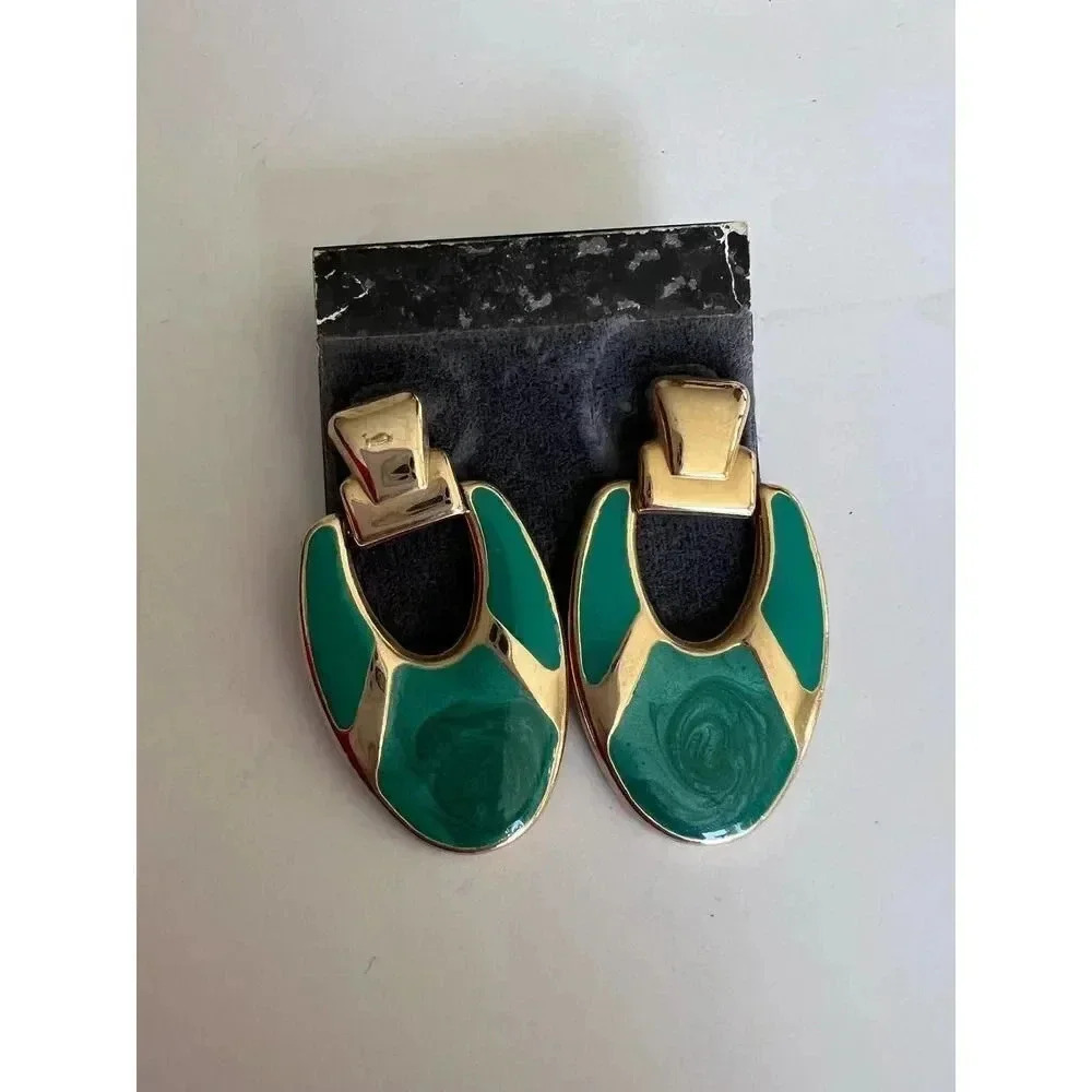 Vintage green gold tear drop color block earrings NWT